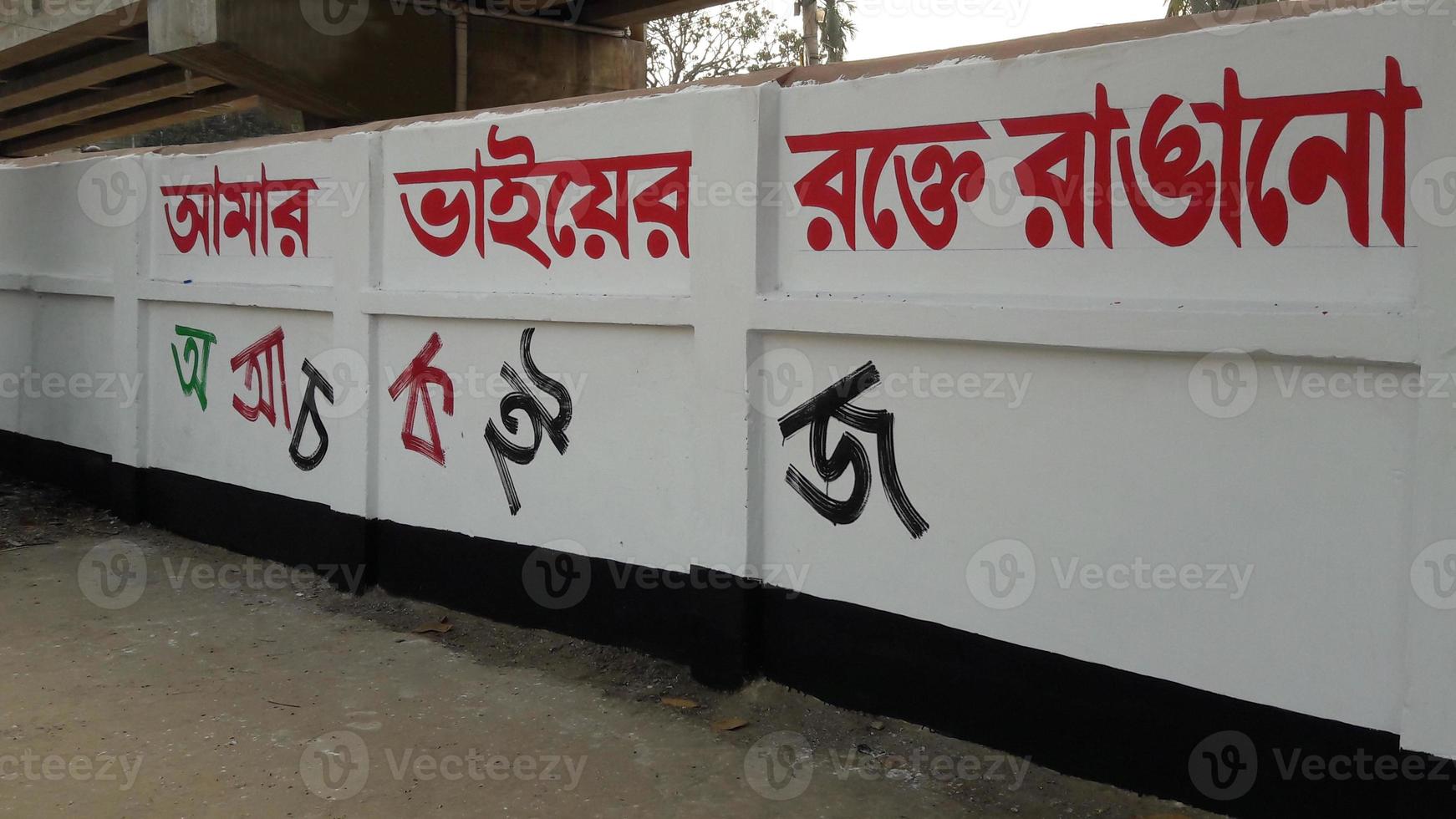 International mother language day celebration calligraphy on a wall. Colorful Bengali calligraphy and alphabets on a white wall. Language movement day slogan Bengali calligraphy design. photo