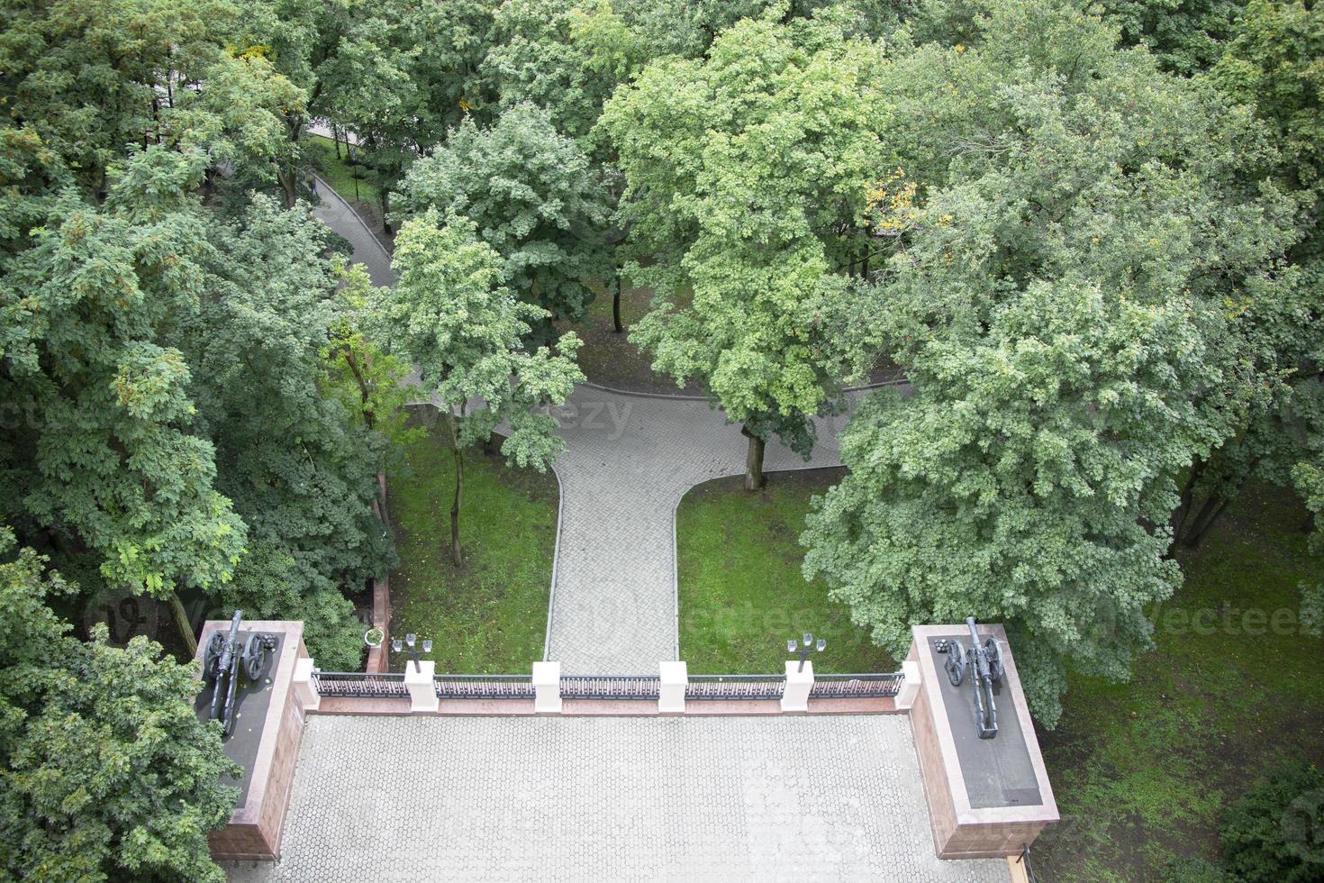 Top view of the park. Green trees and asphalt paths. photo