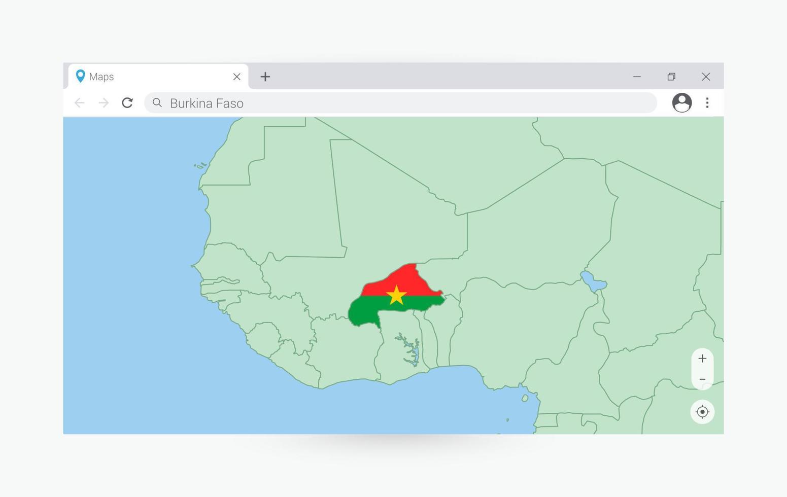 Browser window with map of Burkina Faso, searching  Burkina Faso in internet. vector