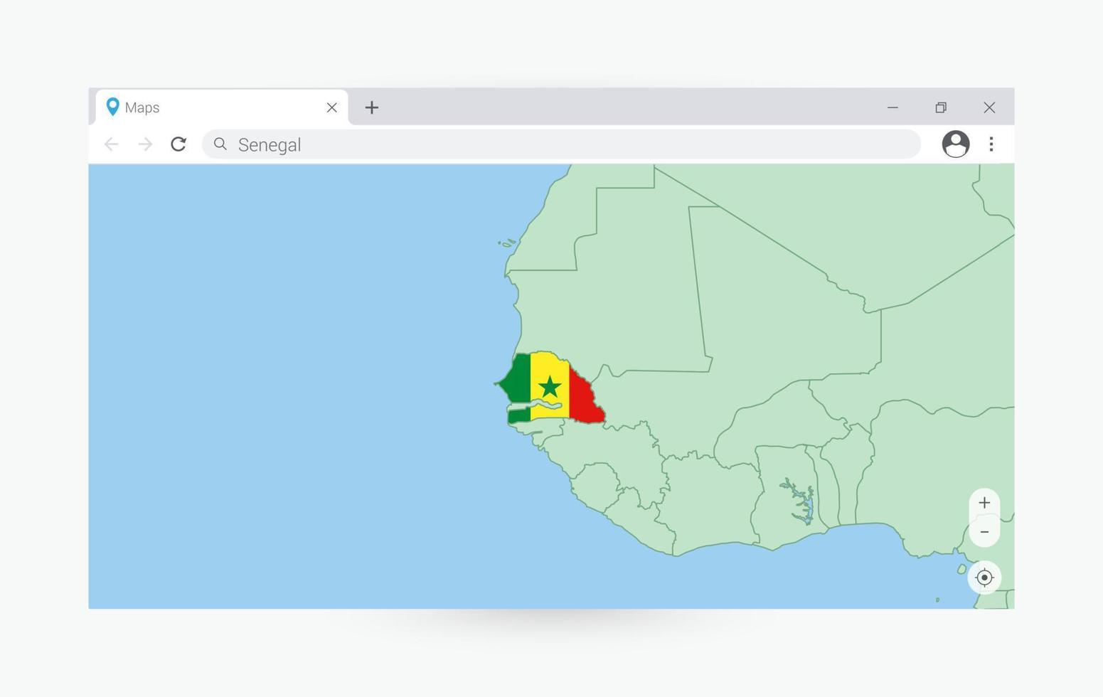 Browser window with map of Senegal, searching  Senegal in internet. vector