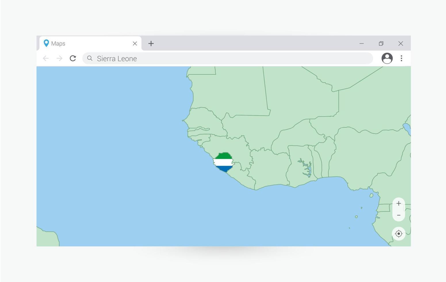 Browser window with map of Sierra Leone, searching  Sierra Leone in internet. vector