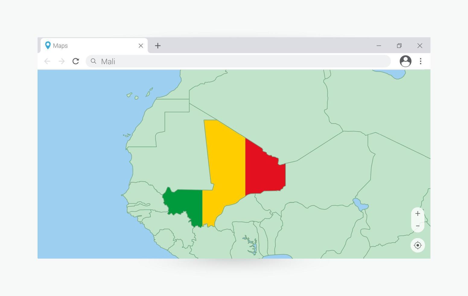 Browser window with map of Mali, searching  Mali in internet. vector