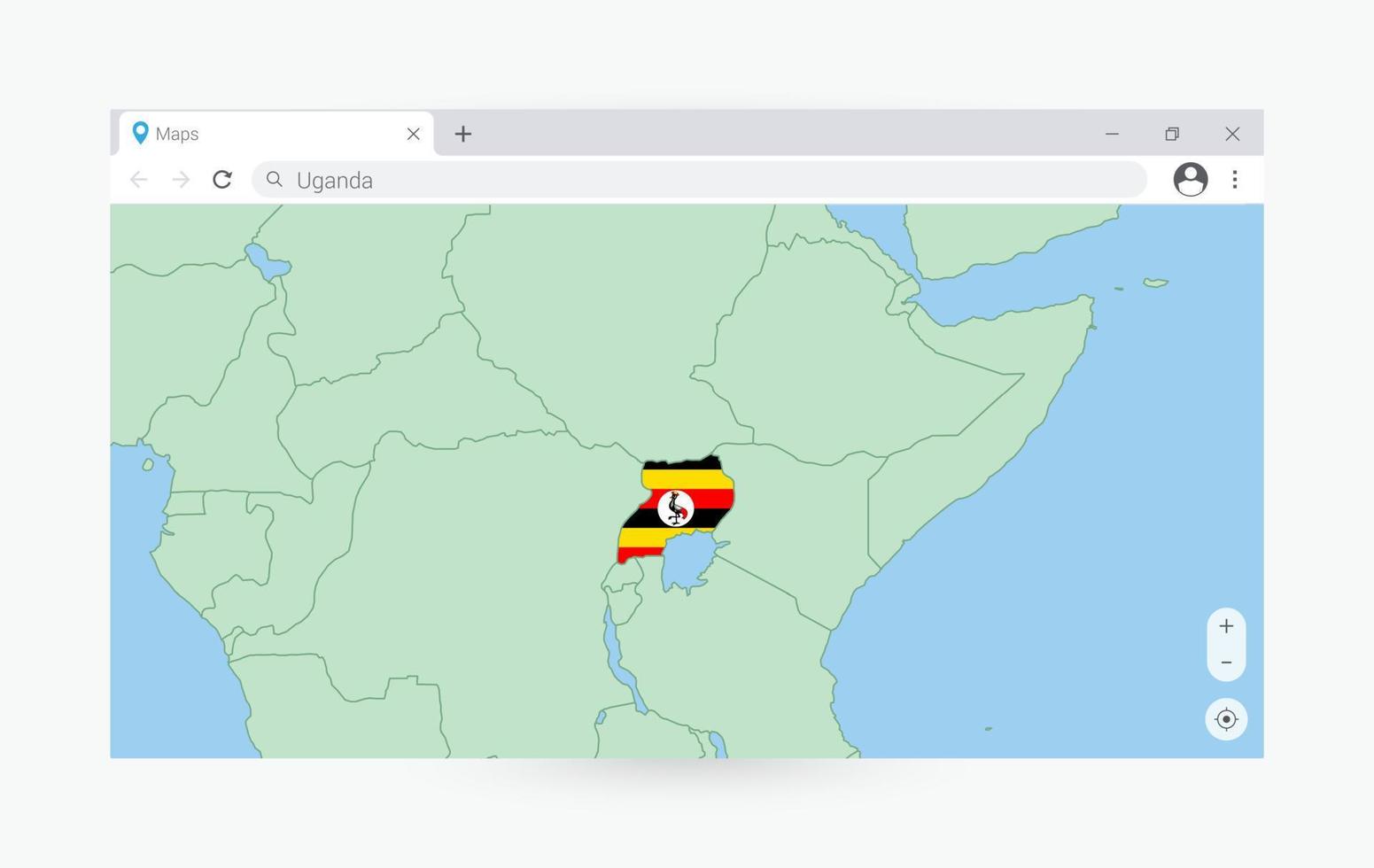 Browser window with map of Uganda, searching  Uganda in internet. vector