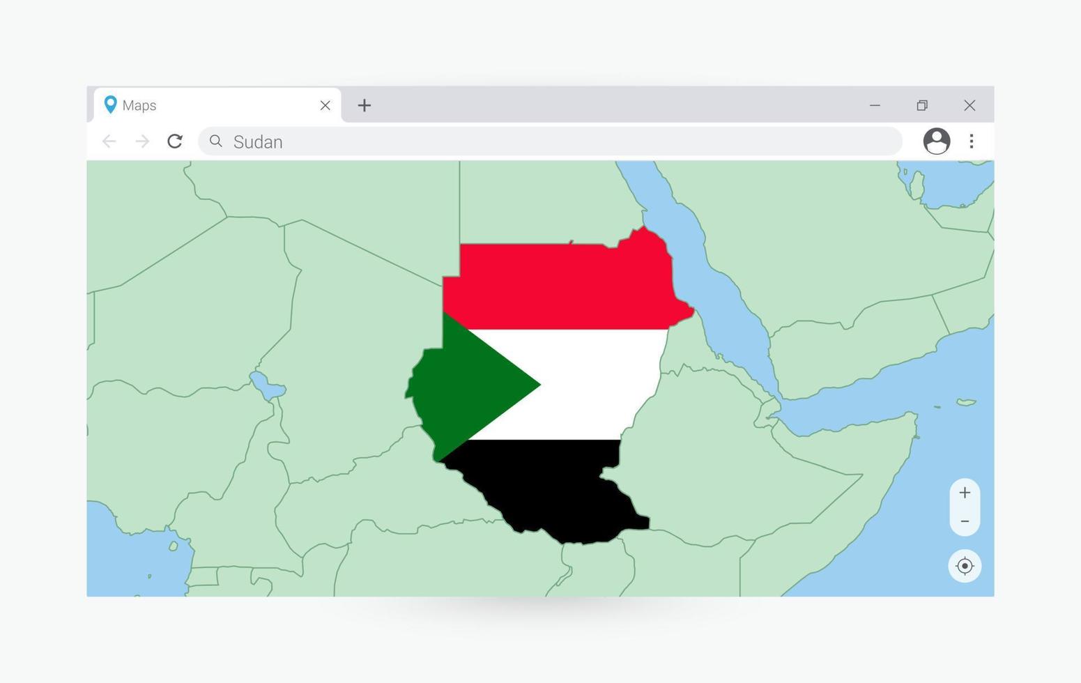Browser window with map of Sudan, searching  Sudan in internet. vector