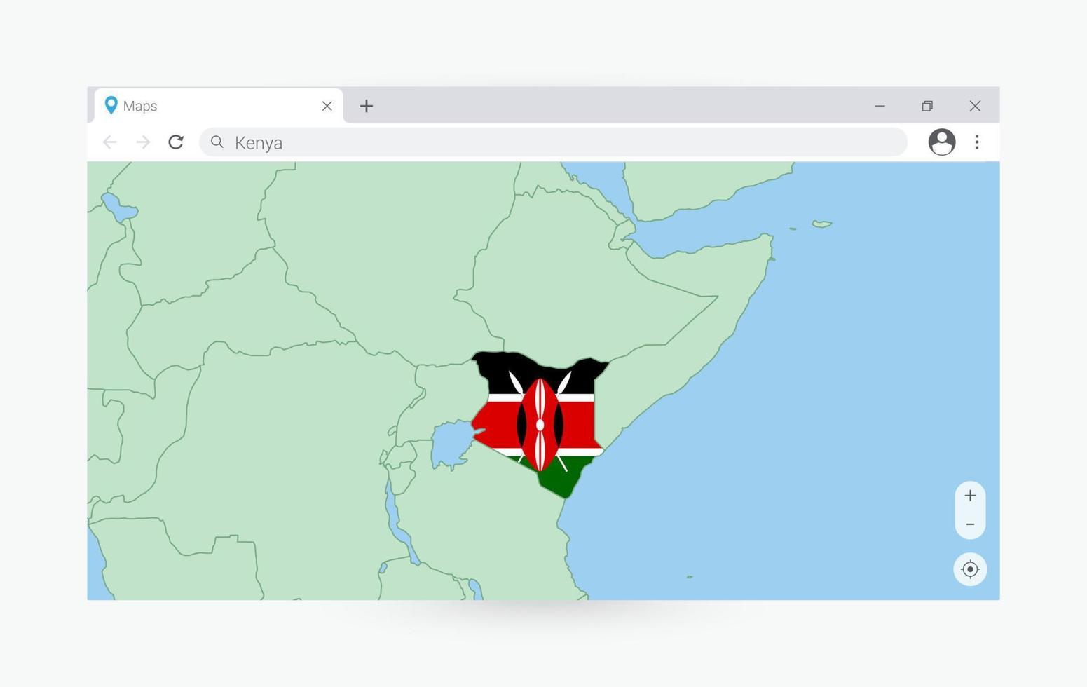 Browser window with map of Kenya, searching  Kenya in internet. vector