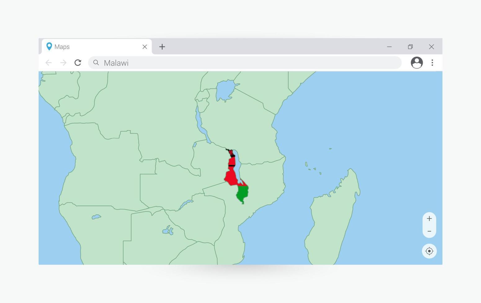 Browser window with map of Malawi, searching  Malawi in internet. vector