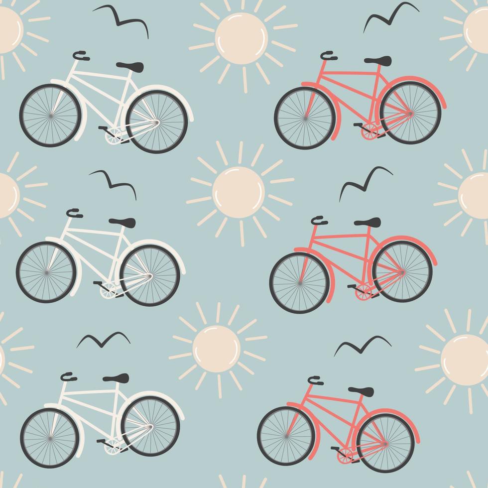 cute cartoon abstract red and white bicycle seamless vector pattern background illustration with sun and birds silhouette