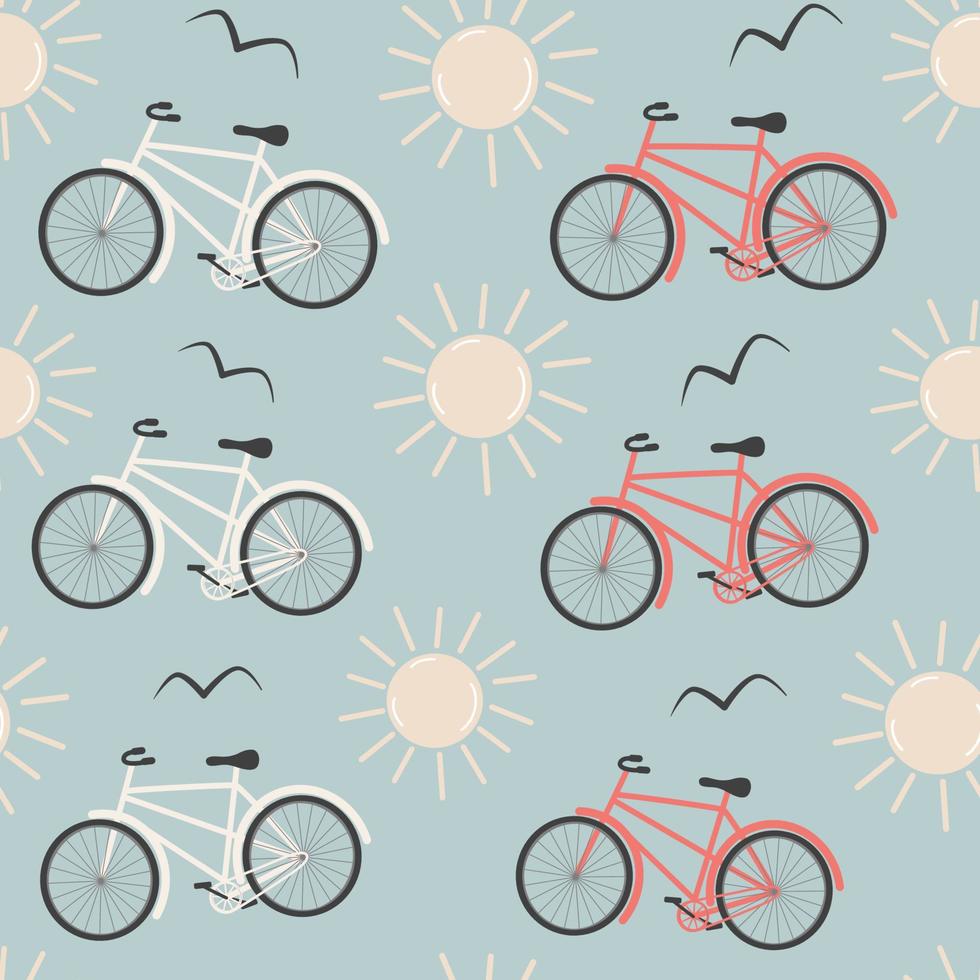 cute cartoon abstract red and white bicycle seamless vector pattern background illustration with sun and birds silhouette