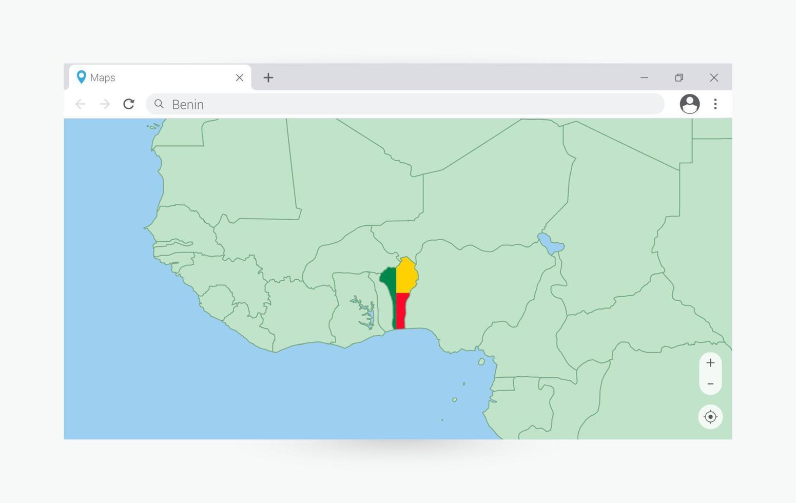 Browser window with map of Benin, searching  Benin in internet. vector