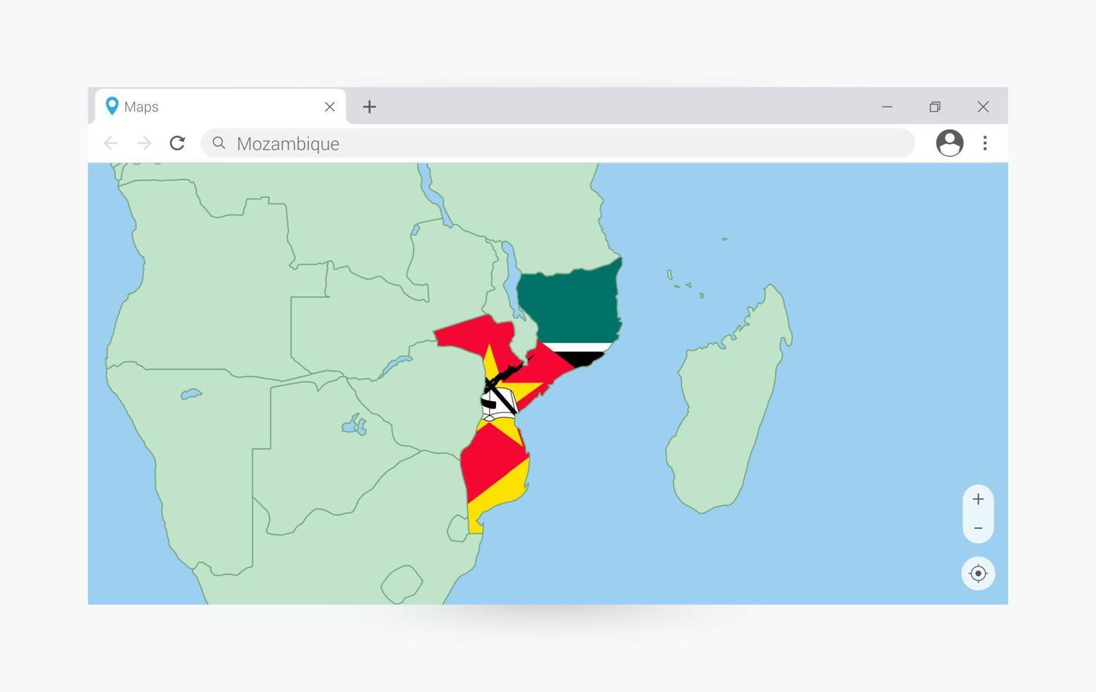 navegador ventana con mapa de Mozambique, buscando Mozambique en Internet. vector