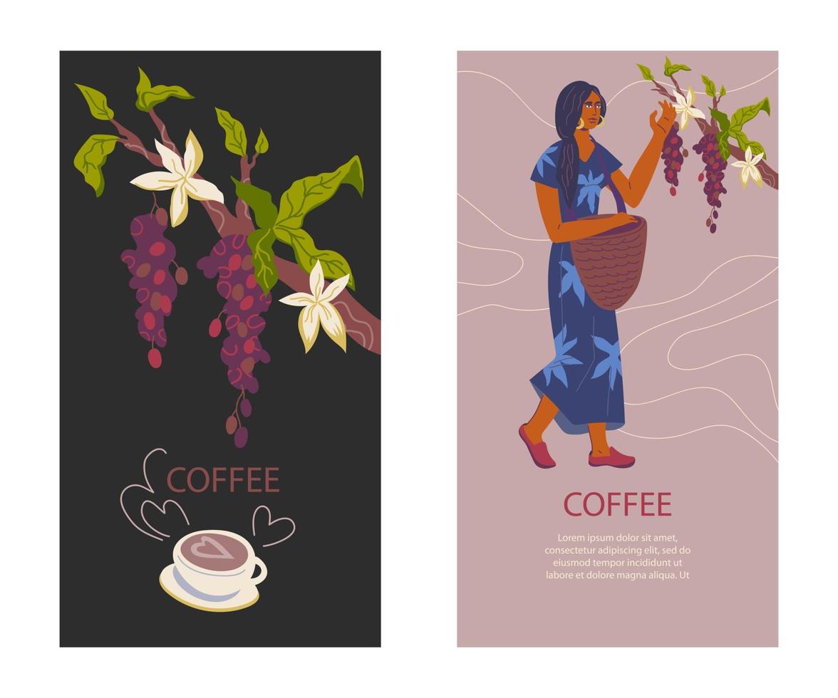 Set of cards for coffeeshop or coffee package design template with character of woman and coffee bush. Two banners template on dark and light background, flat vector illustration.