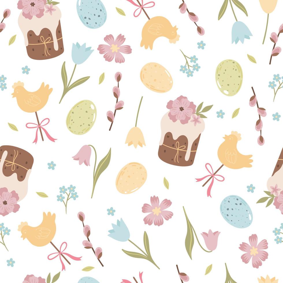 Easter seamless pattern with Easter cakes, eggs, flowers, lollipops .Vector graphics. vector