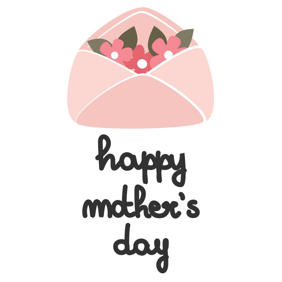 cute cartoon hand drawn lettering happy mother's day text vector greeting card illustration with envelope with flowers