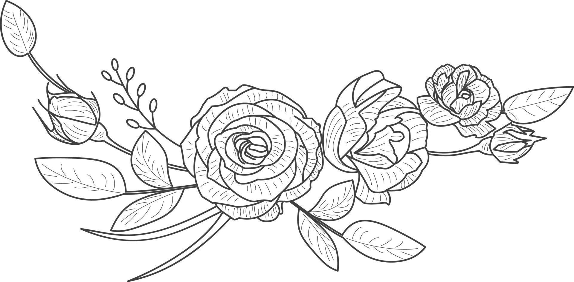 Hand drawn detailed isolated flowers rose and leaves set in vintage style. It can be used for engraving, foil. vector