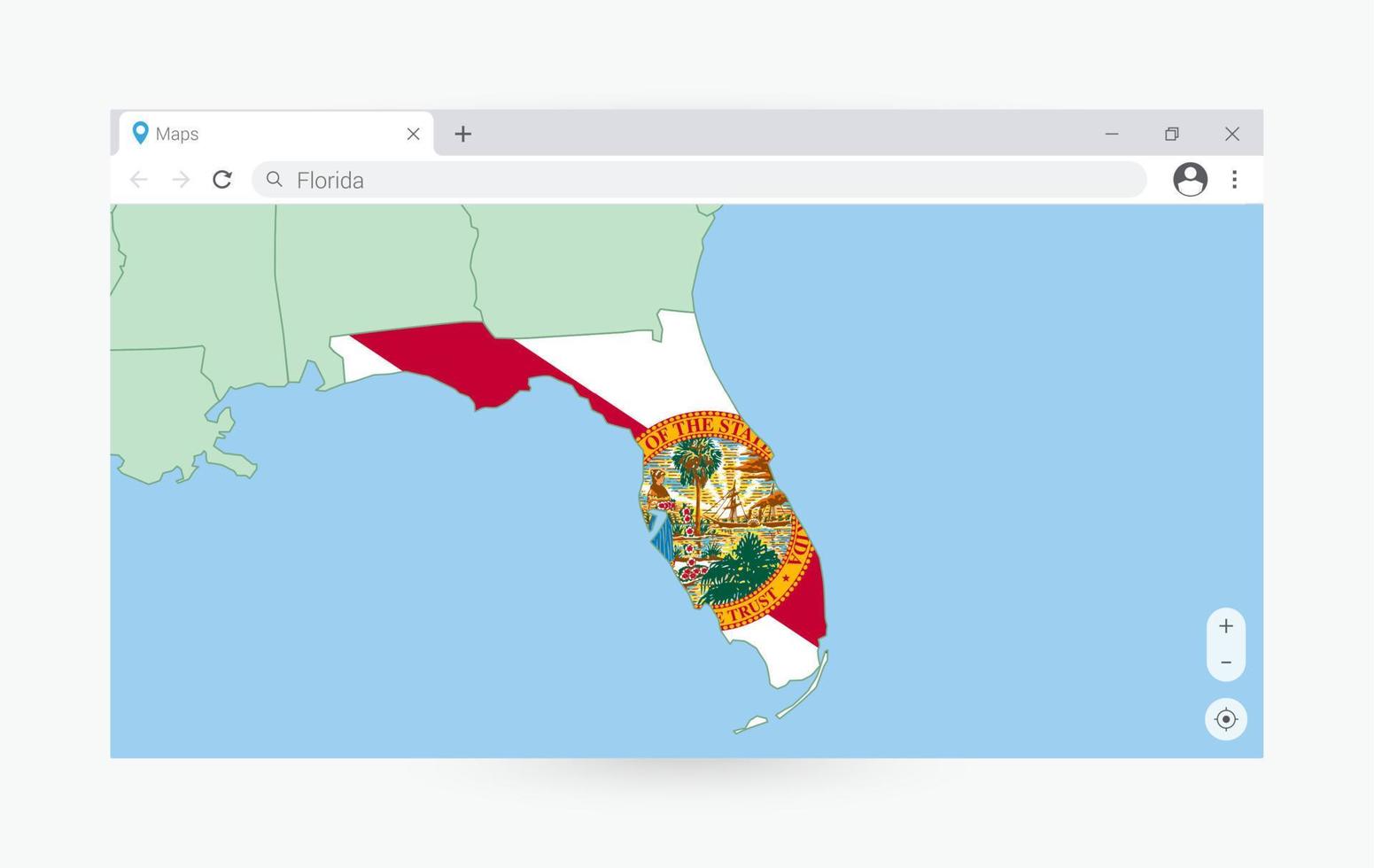 Browser window with map of Florida, searching  Florida in internet. vector