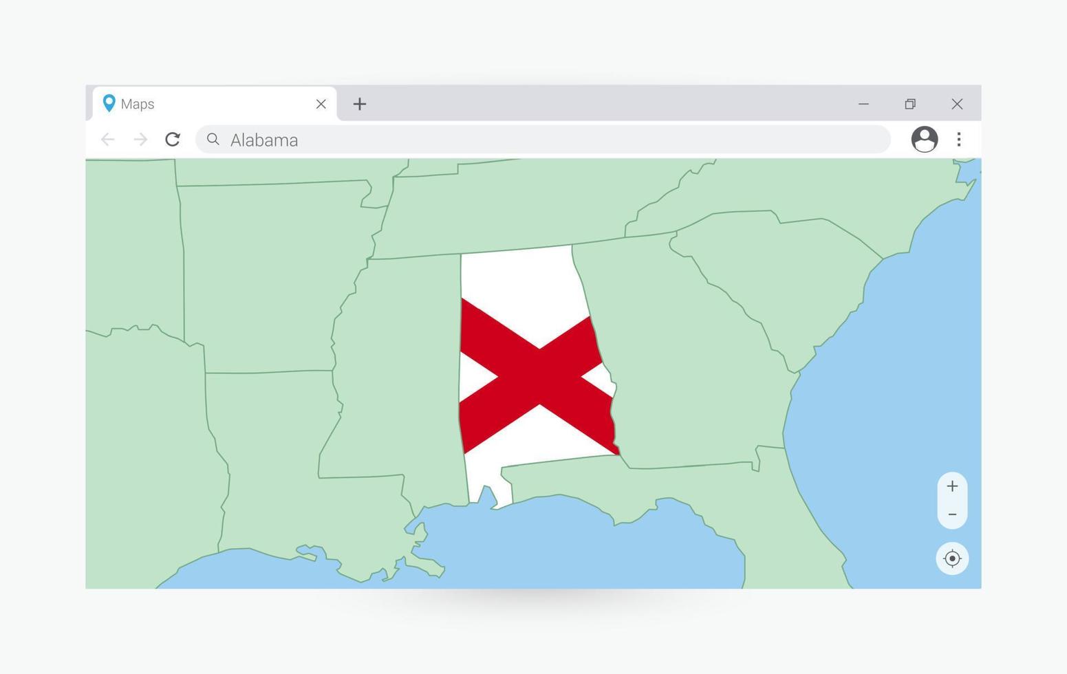 Browser window with map of Alabama, searching  Alabama in internet. vector