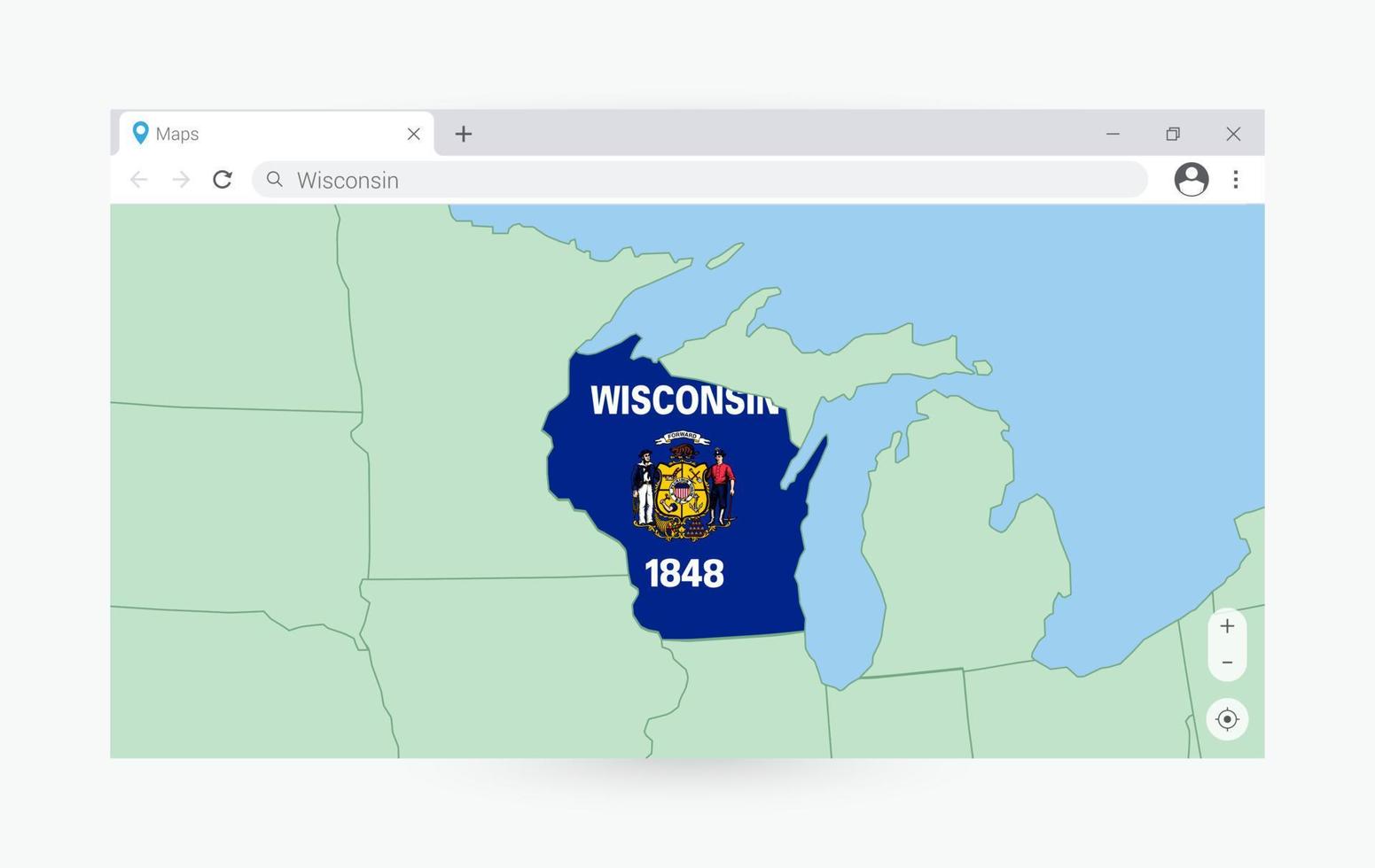 Browser window with map of Wisconsin, searching  Wisconsin in internet. vector