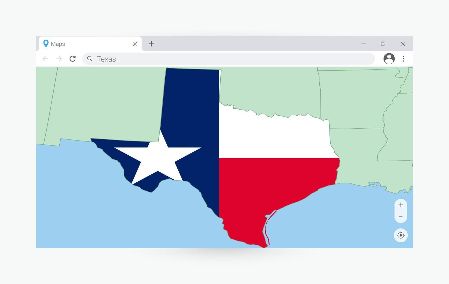 Browser window with map of Texas, searching  Texas in internet. vector