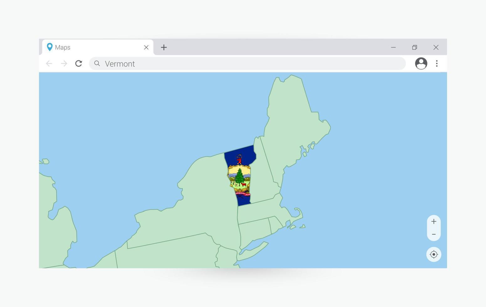 Browser window with map of Vermont, searching  Vermont in internet. vector