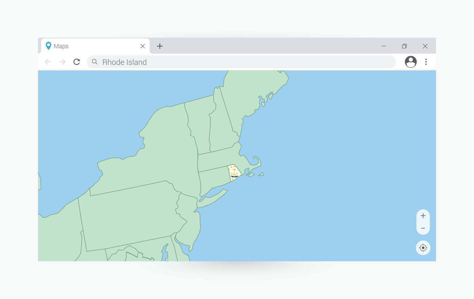 Browser window with map of Rhode Island, searching  Rhode Island in internet. vector