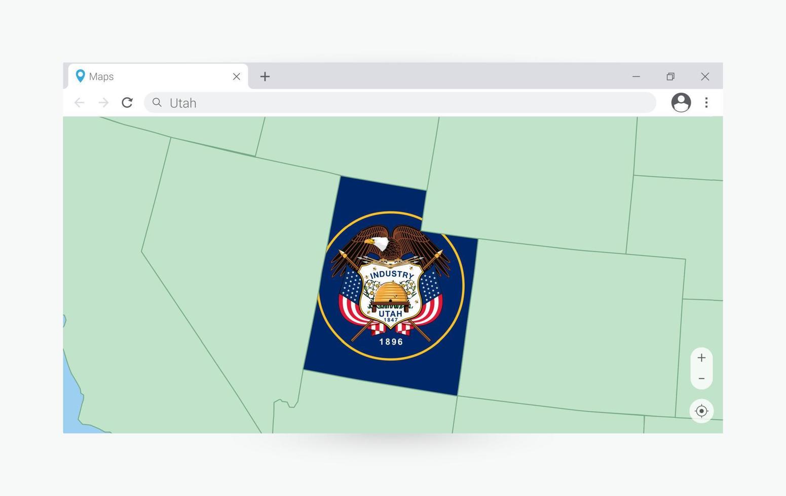 Browser window with map of Utah, searching  Utah in internet. vector