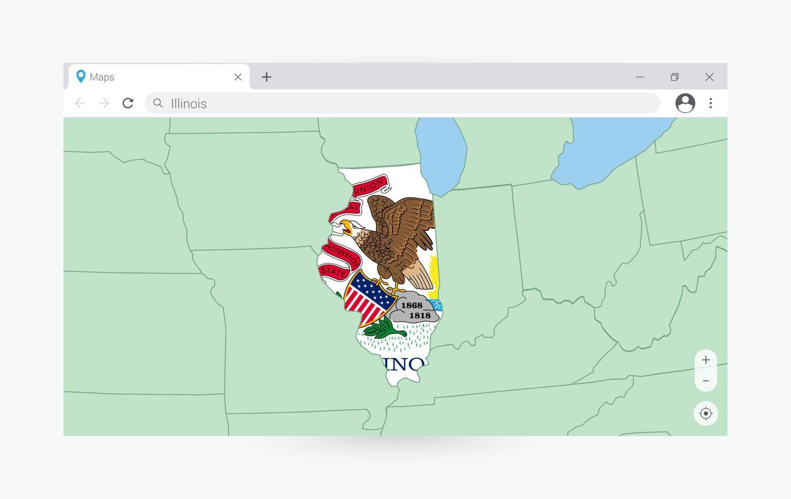 Browser window with map of Illinois, searching  Illinois in internet. vector