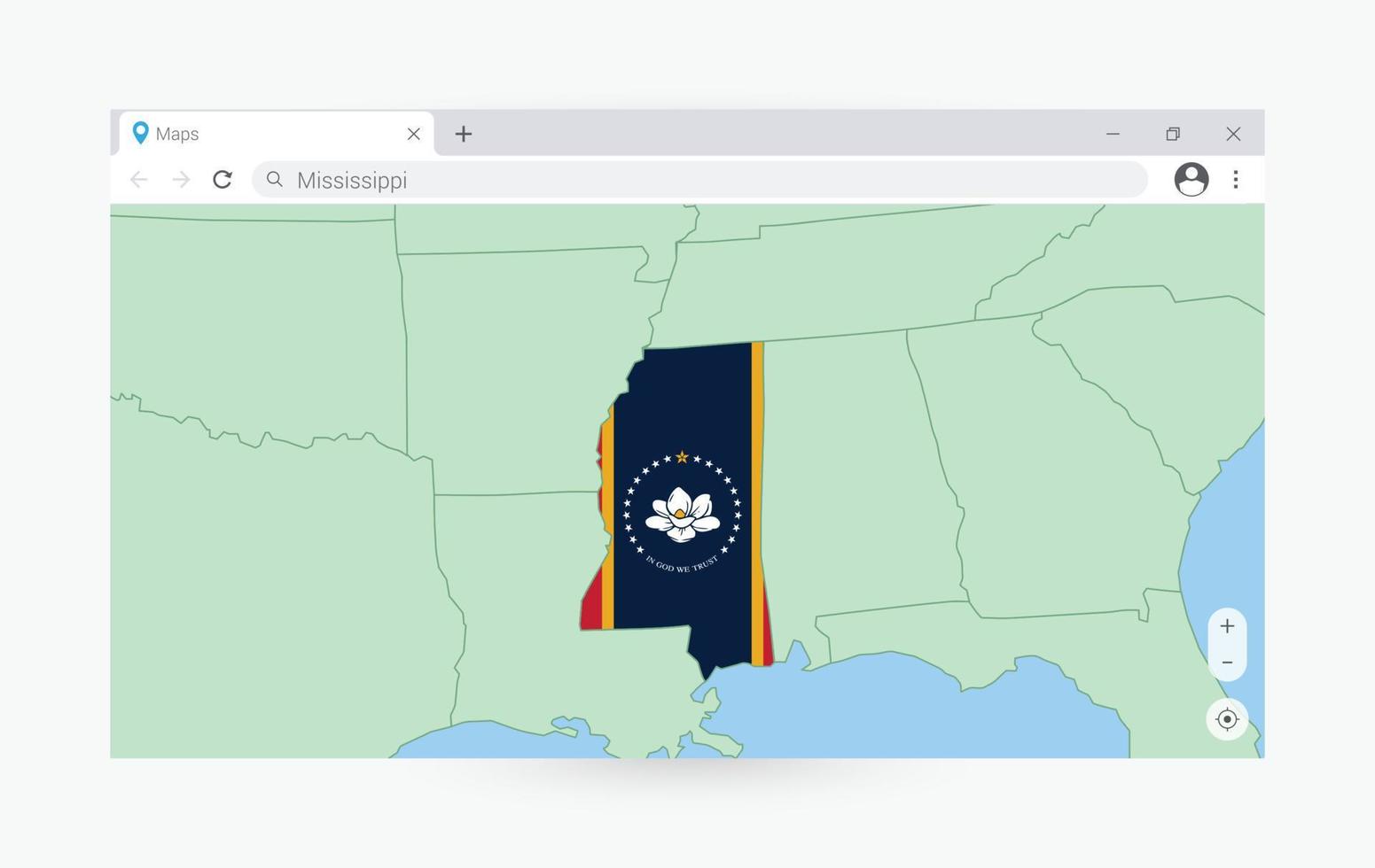 Browser window with map of Mississippi, searching  Mississippi in internet. vector