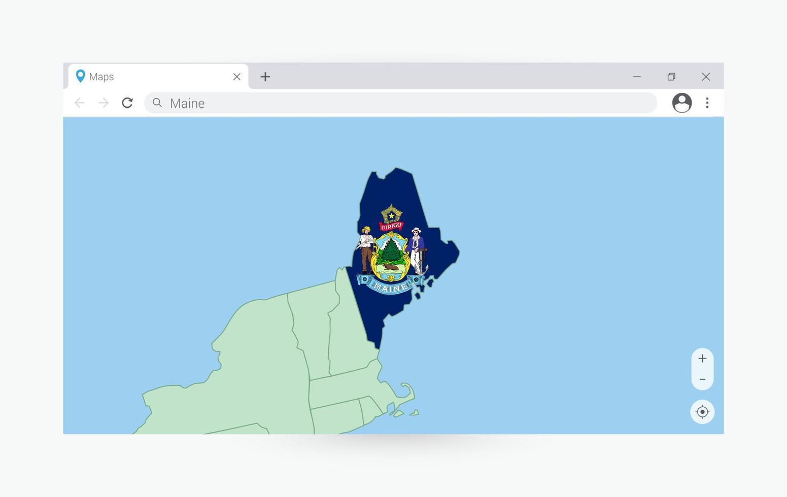 Browser window with map of Maine, searching  Maine in internet. vector