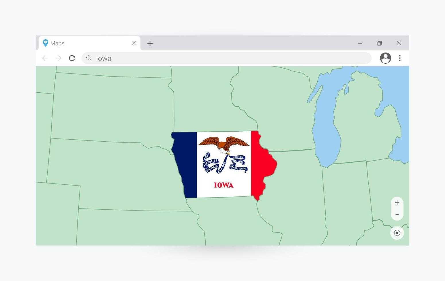 Browser window with map of Iowa, searching  Iowa in internet. vector