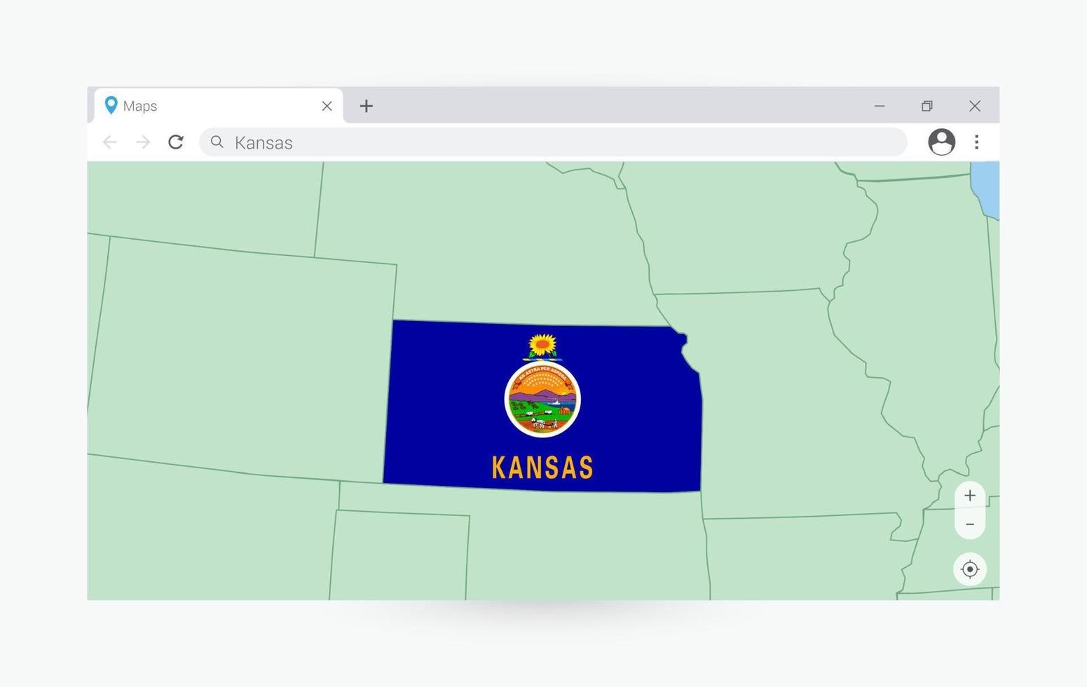 Browser window with map of Kansas, searching  Kansas in internet. vector