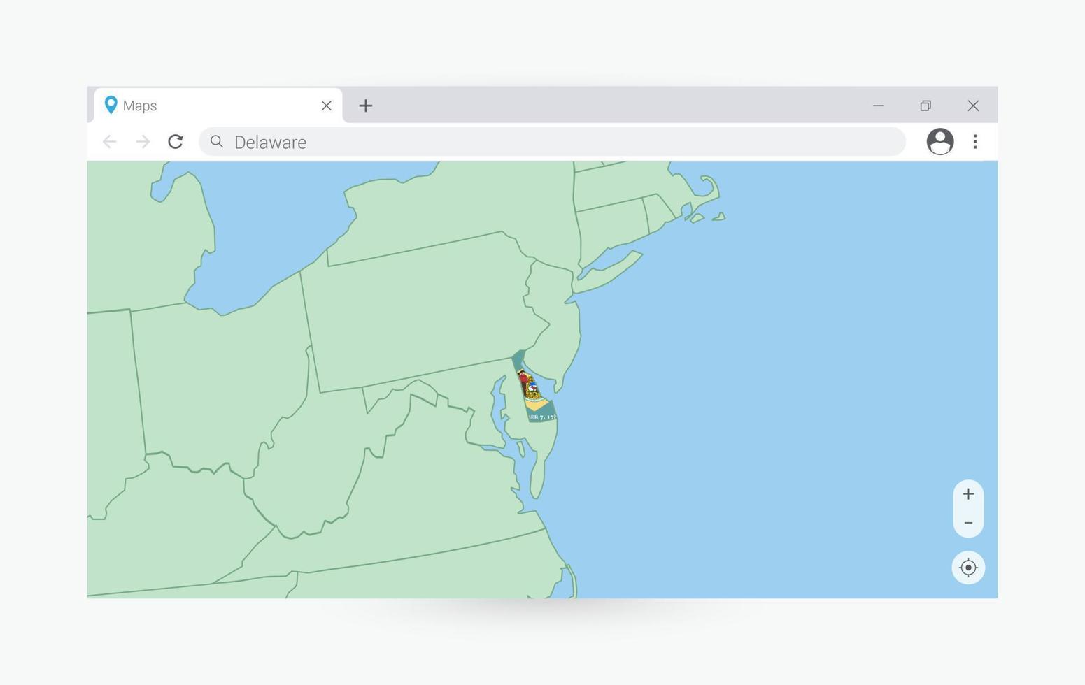 Browser window with map of Delaware, searching  Delaware in internet. vector