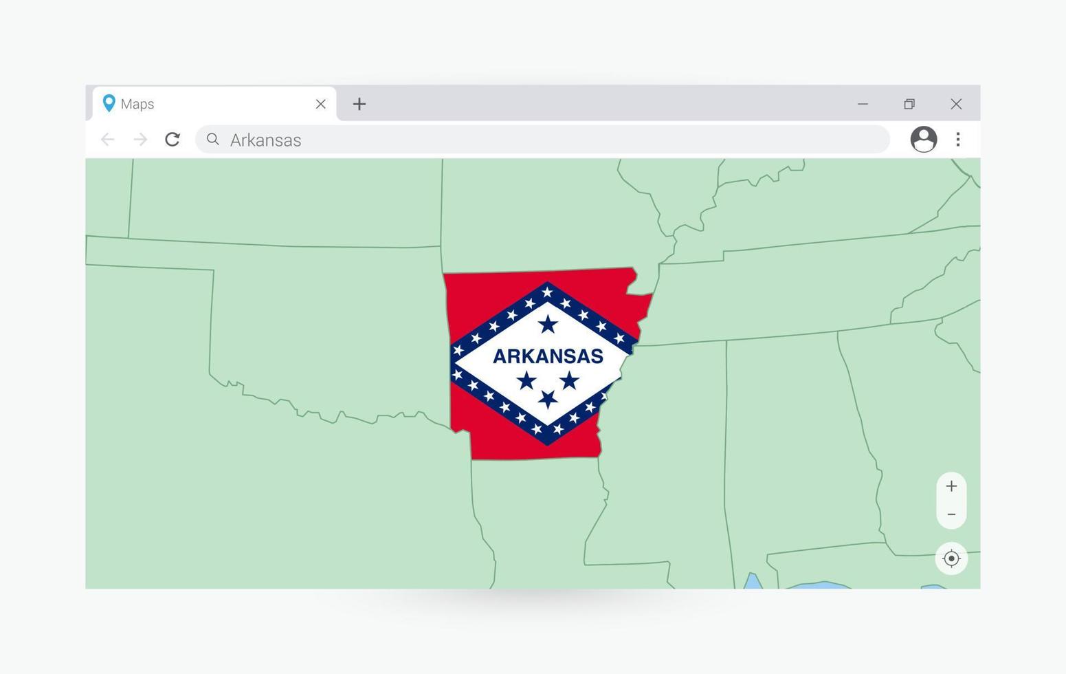 Browser window with map of Arkansas, searching  Arkansas in internet. vector