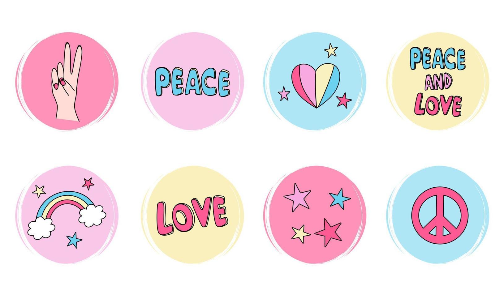 Vector set of logo design templates, icons and badges for social media highlights covers with cute peace and love doodle elements