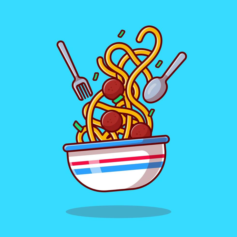 Floating Spaghetti Noodle With Meat Ball Cartoon Vector Icon Illustration. Food Icon Concept Isolated Premium Vector. Flat Cartoon Style