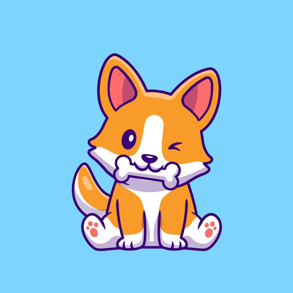 Cute Corgi Dog Eating Bone Cartoon Vector Icon Illustration. Animal Nature Icon Concept Isolated Premium Vector. Flat  Cartoon Style