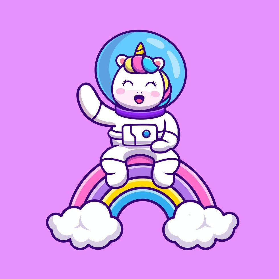 linda astronauta unicornio sentado en arco iris dibujos animados vector icono ilustración. animal Ciencias icono concepto aislado prima vector. plano dibujos animados estilo