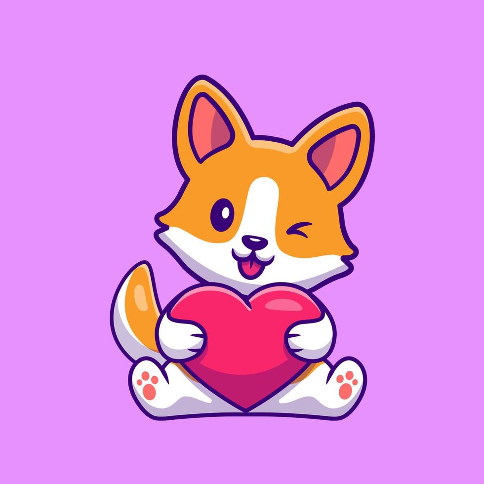 Cute Corgi Dog Holding Heart Cartoon Vector Icon Illustration. Animal Nature Icon Concept Isolated Premium Vector. Flat Cartoon Style