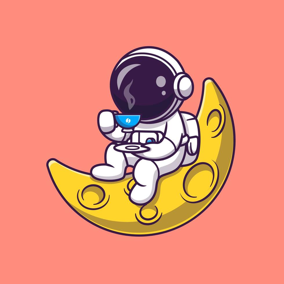 Cute Astronaut Drinking Coffee On The Moon Cartoon Vector Icon Illustration. Science Food Icon Concept Isolated Premium Vector. Flat Cartoon Style