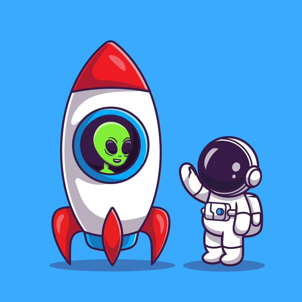 Cute Astronaut With Alien In Rocket Cartoon Vector Icon Illustration. Science Technology Icon Concept Isolated Premium Vector. Flat Cartoon Style