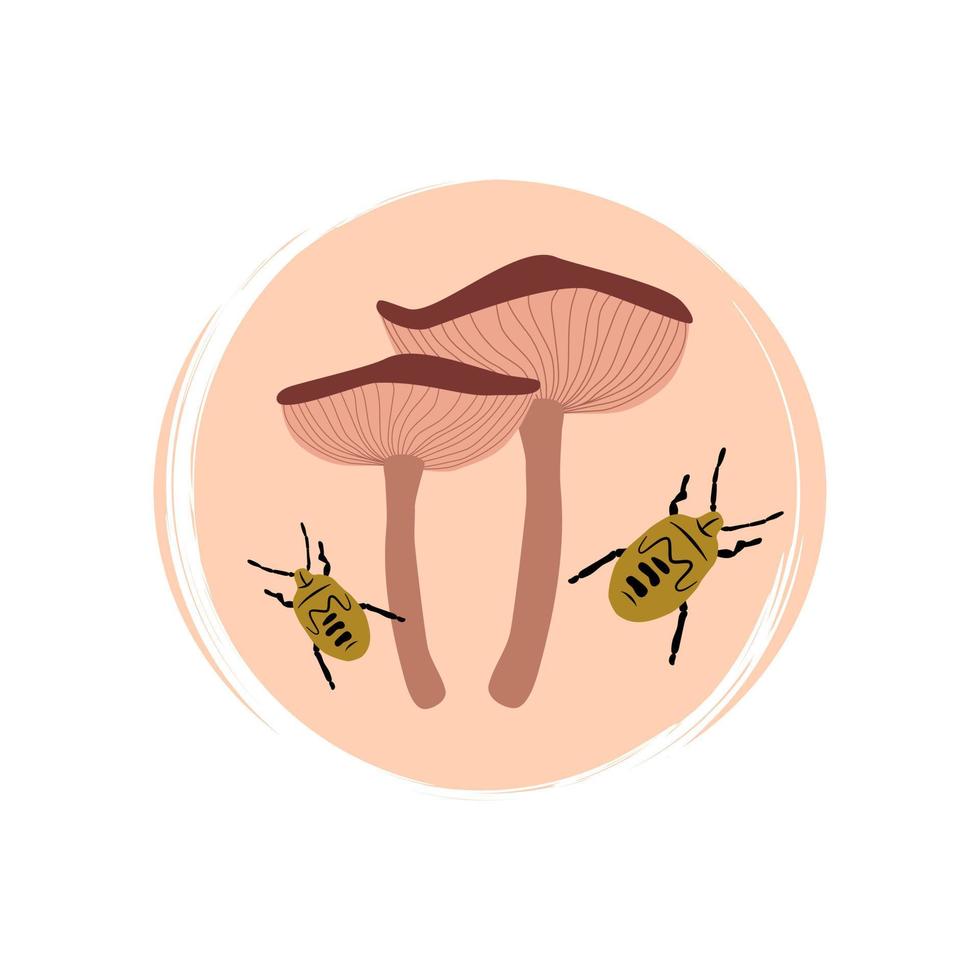 Cute logo or icon vector with mushrooms and green insects, illustration on circle for social media story and highlights