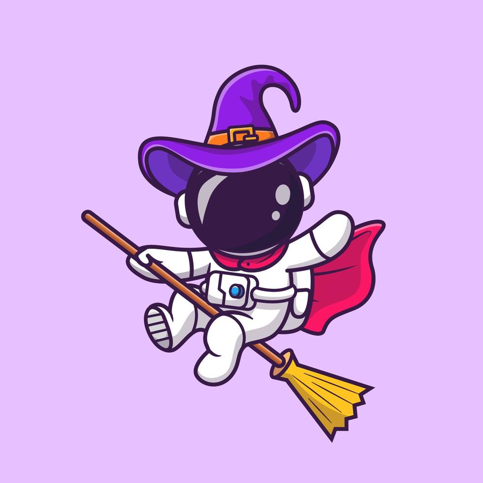 linda bruja astronauta volador con un magia Escoba dibujos animados vector icono ilustración. Ciencias fiesta icono concepto aislado prima vector. plano dibujos animados estilo