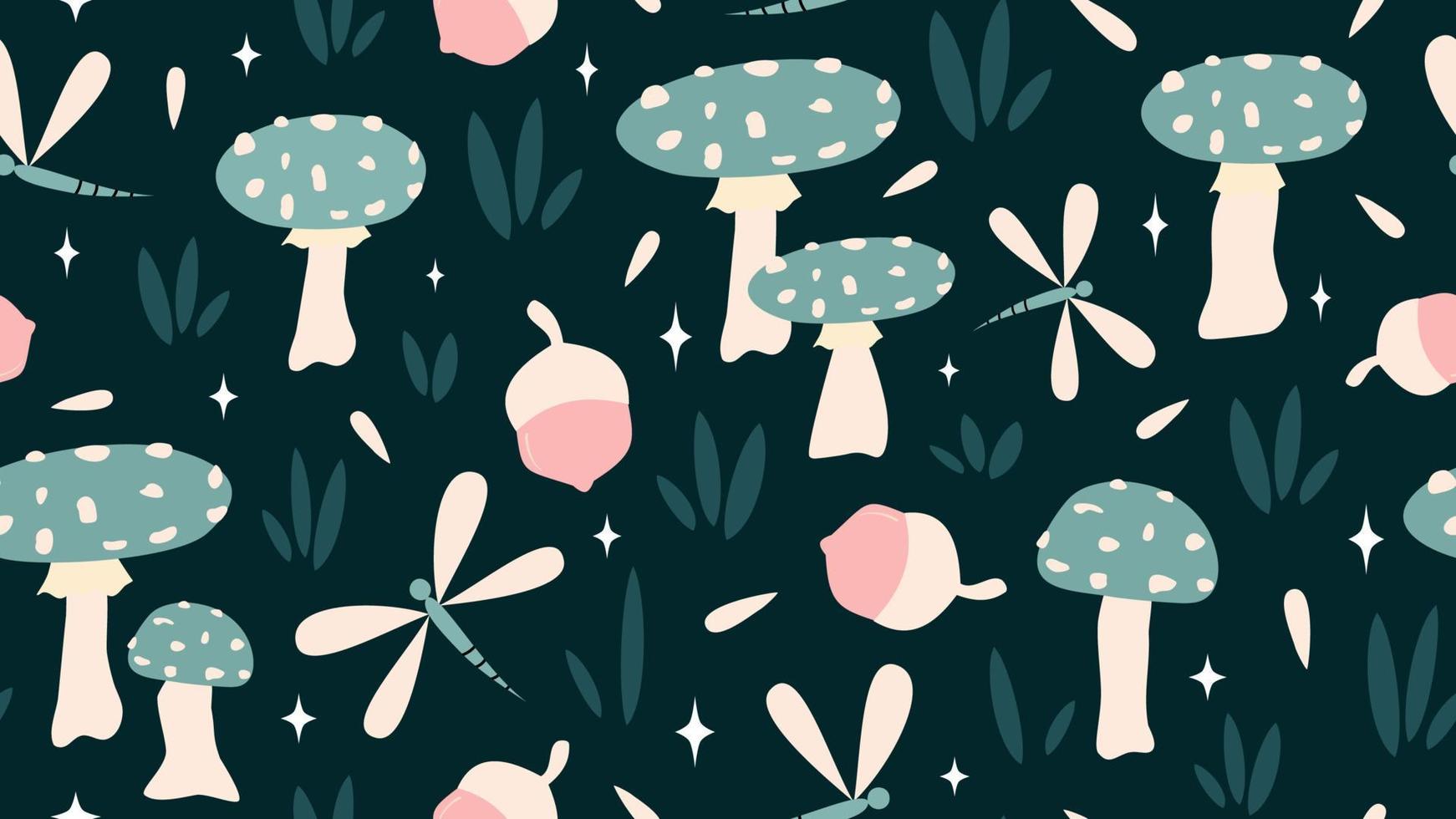 cute seamless vector pattern background illustration with mushrooms, dragonfly, grass, acorns and stars