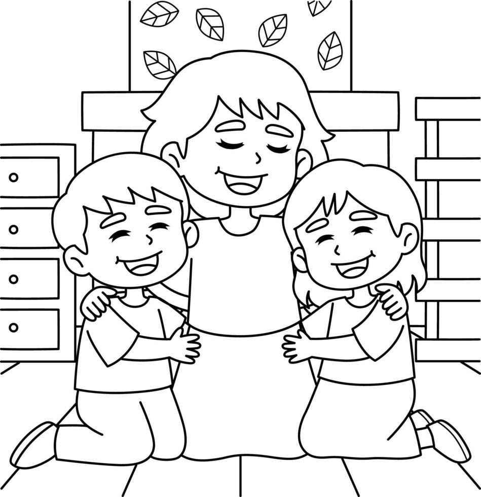 Mothers Day Mother Hugging the Children Coloring vector