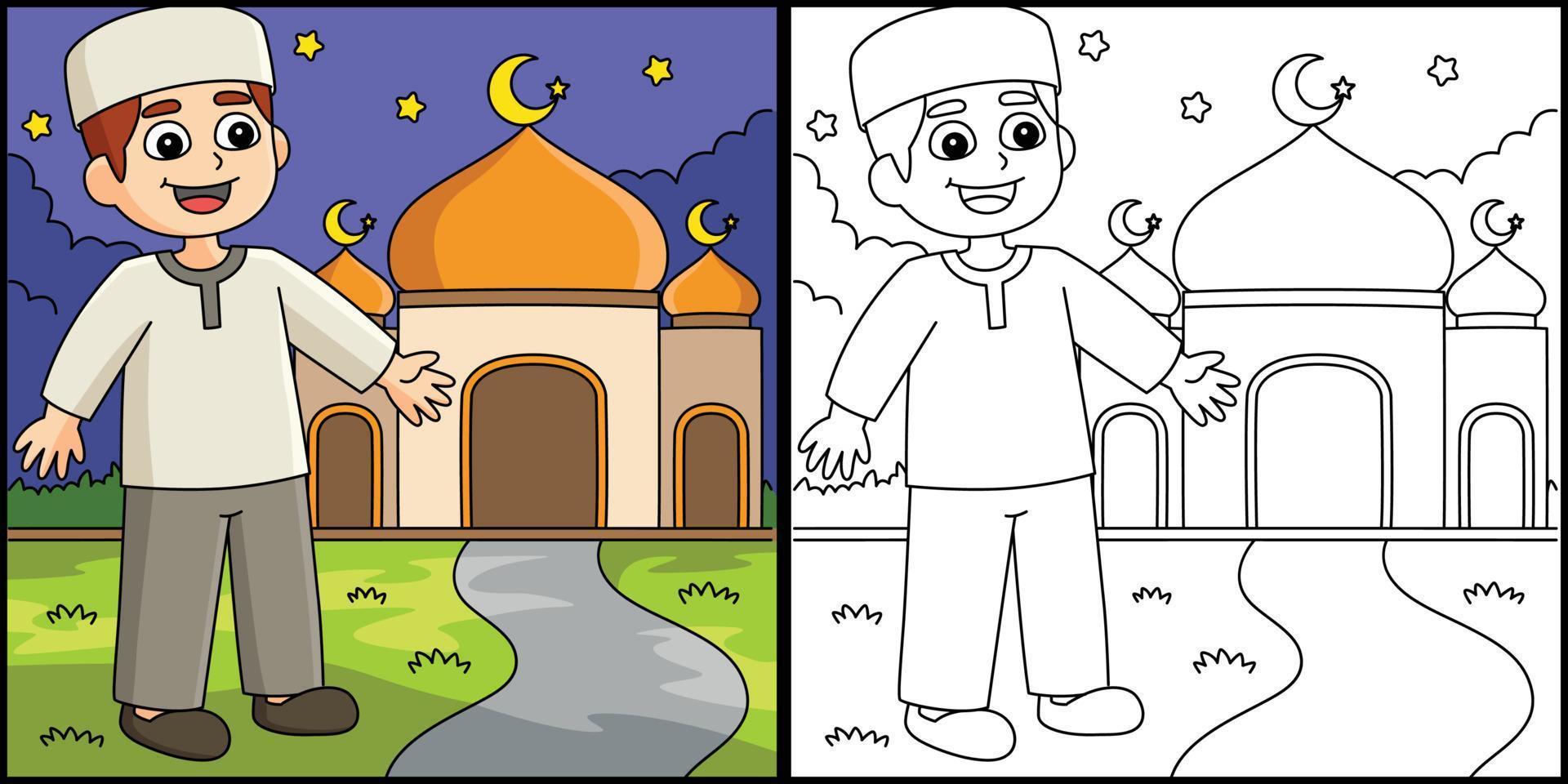 Ramadán musulmán chico en frente de mezquita Ilustracion vector