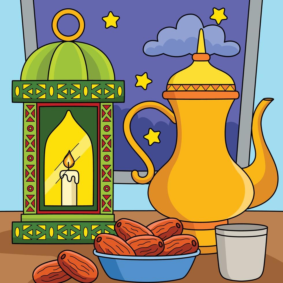 Ramadán linterna, té y fechas de colores dibujos animados vector