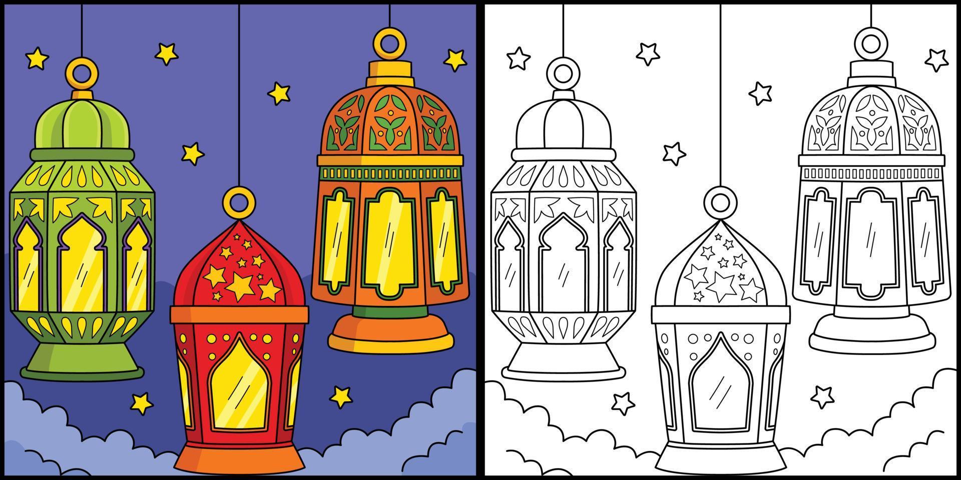 Ramadan Lantern Coloring Page Colored Illustration vector