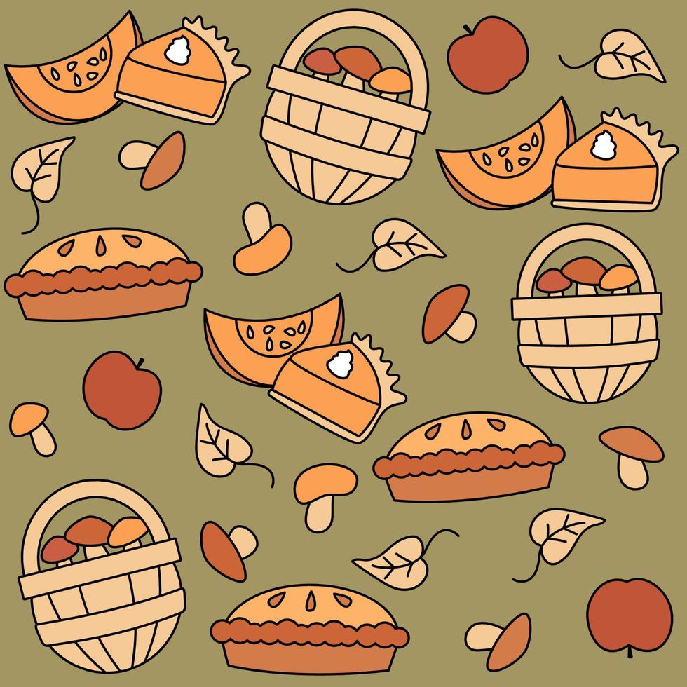 Cute lovely autumn fall seasonal seamless vector pattern background illustration with apple pie, leaves, mushrooms, pumpkin pie and pumpkin slice