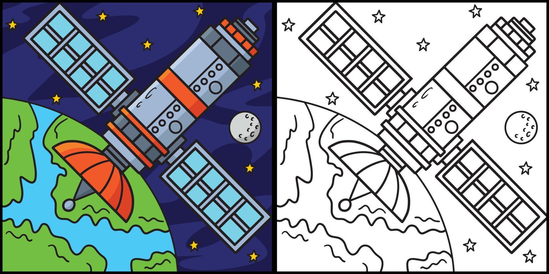 Space Satellite Coloring Page Colored Illustration vector