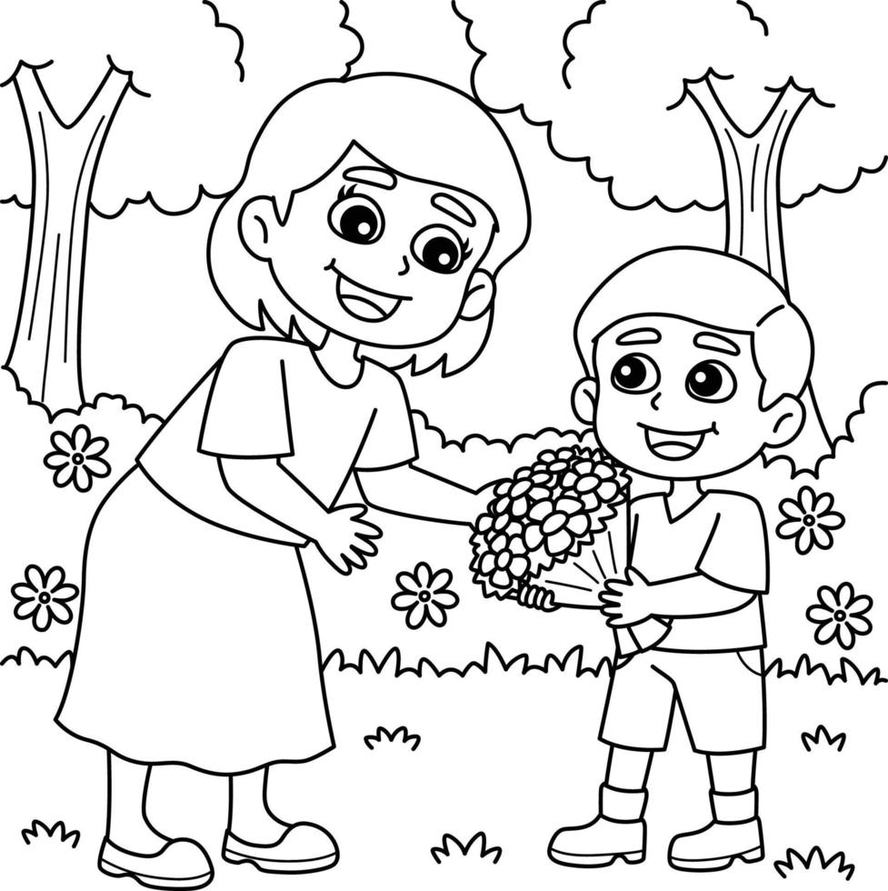 Mothers Day Child Giving Flowers Coloring Page vector