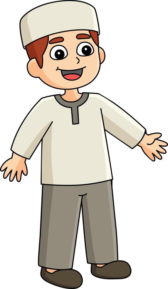 Muslim Boy in front of Mosque Cartoon Clipart vector